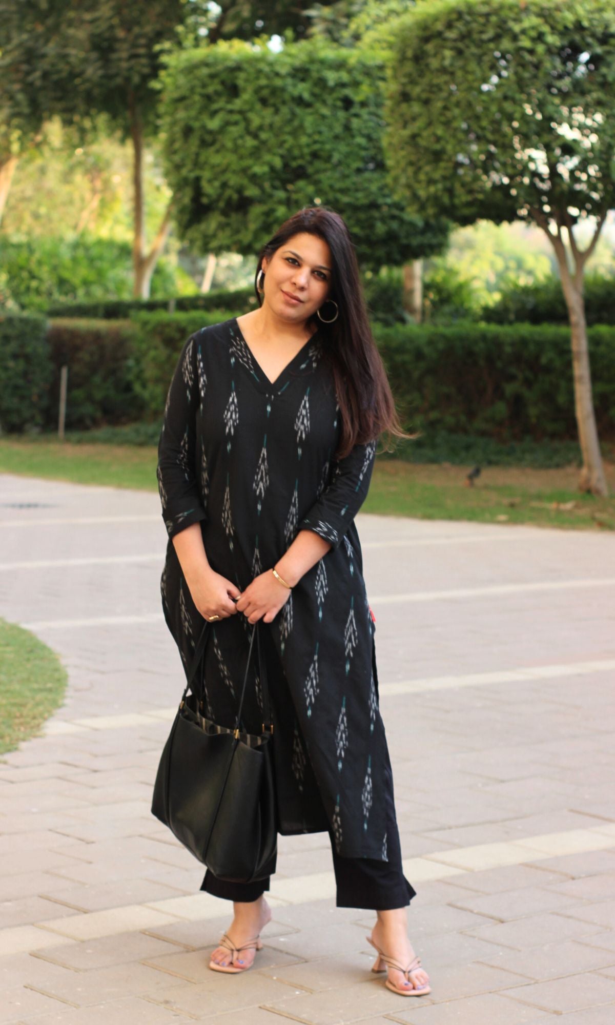 Cotton Ikat Black V - neck Kurta - Baareeki