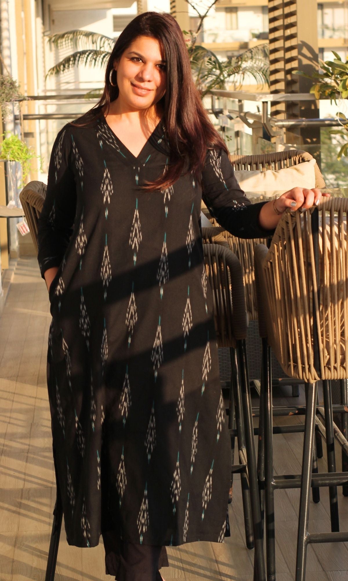 Cotton Ikat Black V - neck Kurta - Baareeki