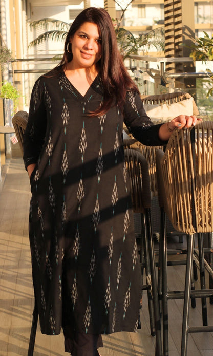 Cotton Ikat Black V - neck Kurta - Baareeki