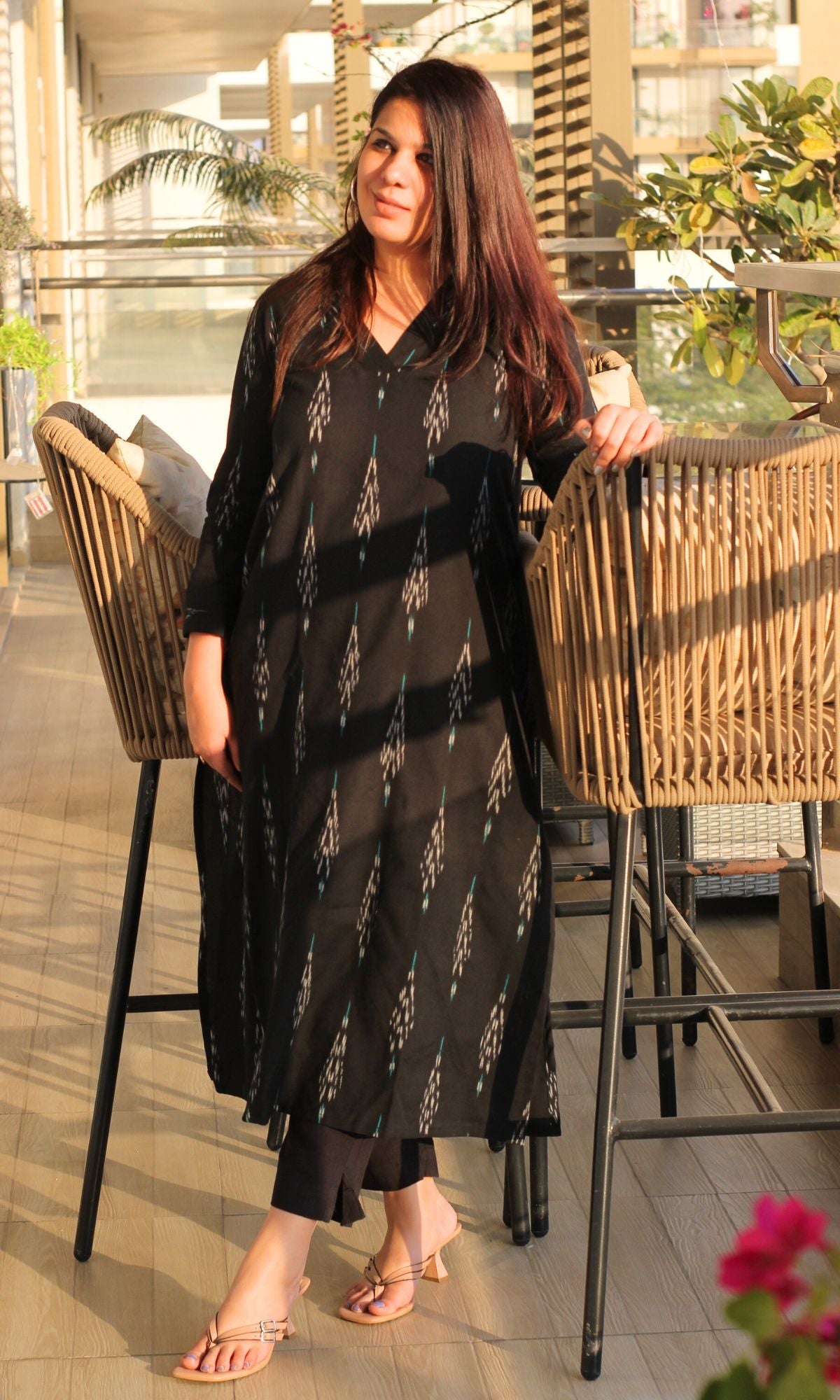 Cotton Ikat Black V - neck Kurta - Baareeki