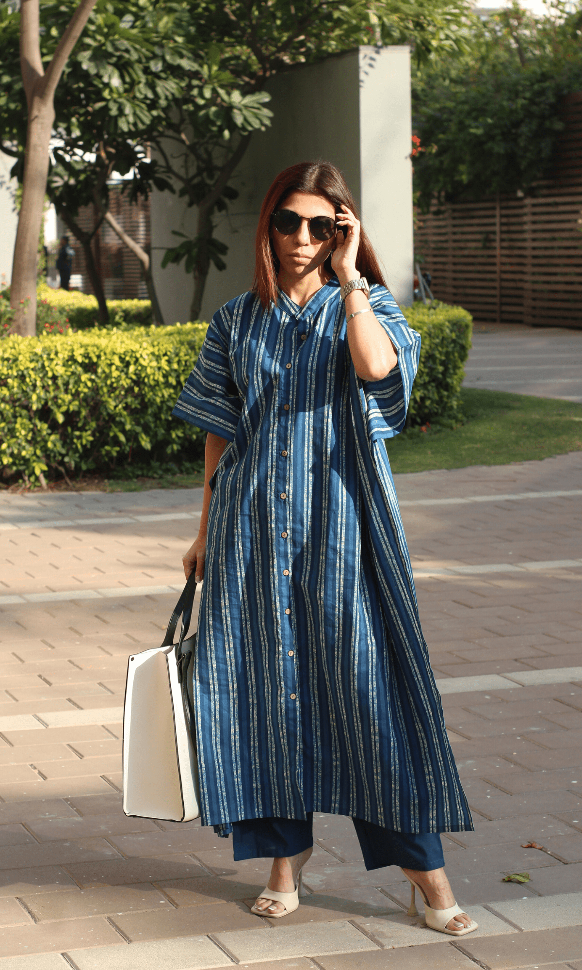 Cotton Indigo Striped Kaftan Style Co - ord - Baareeki