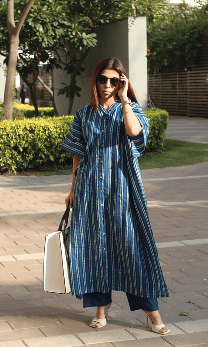 Cotton Indigo Striped Kaftan Style Co - ord - Baareeki