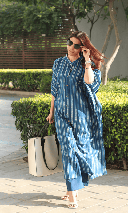 Cotton Indigo Striped Kaftan Style Co - ord - Baareeki