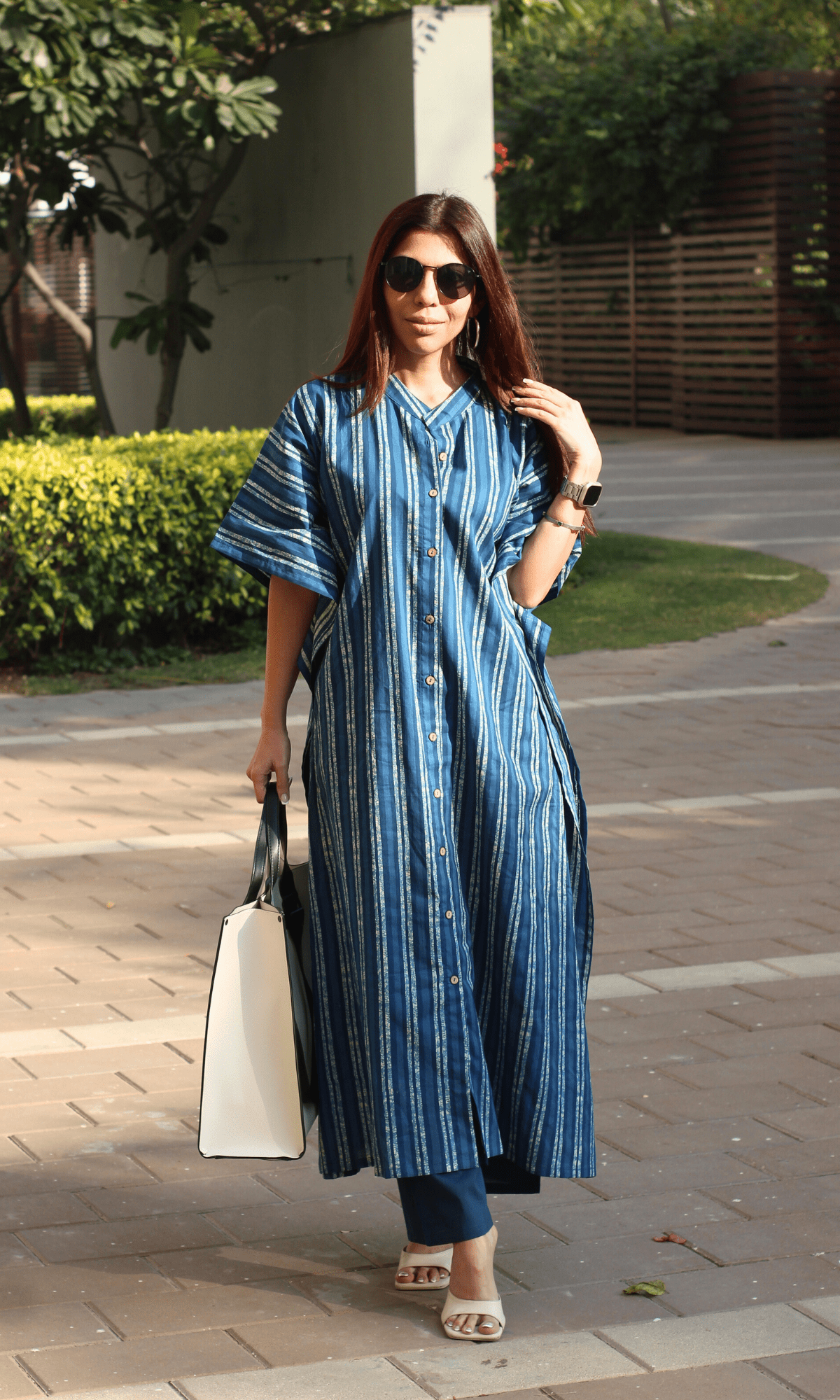 Cotton Indigo Striped Kaftan Style Co - ord - Baareeki