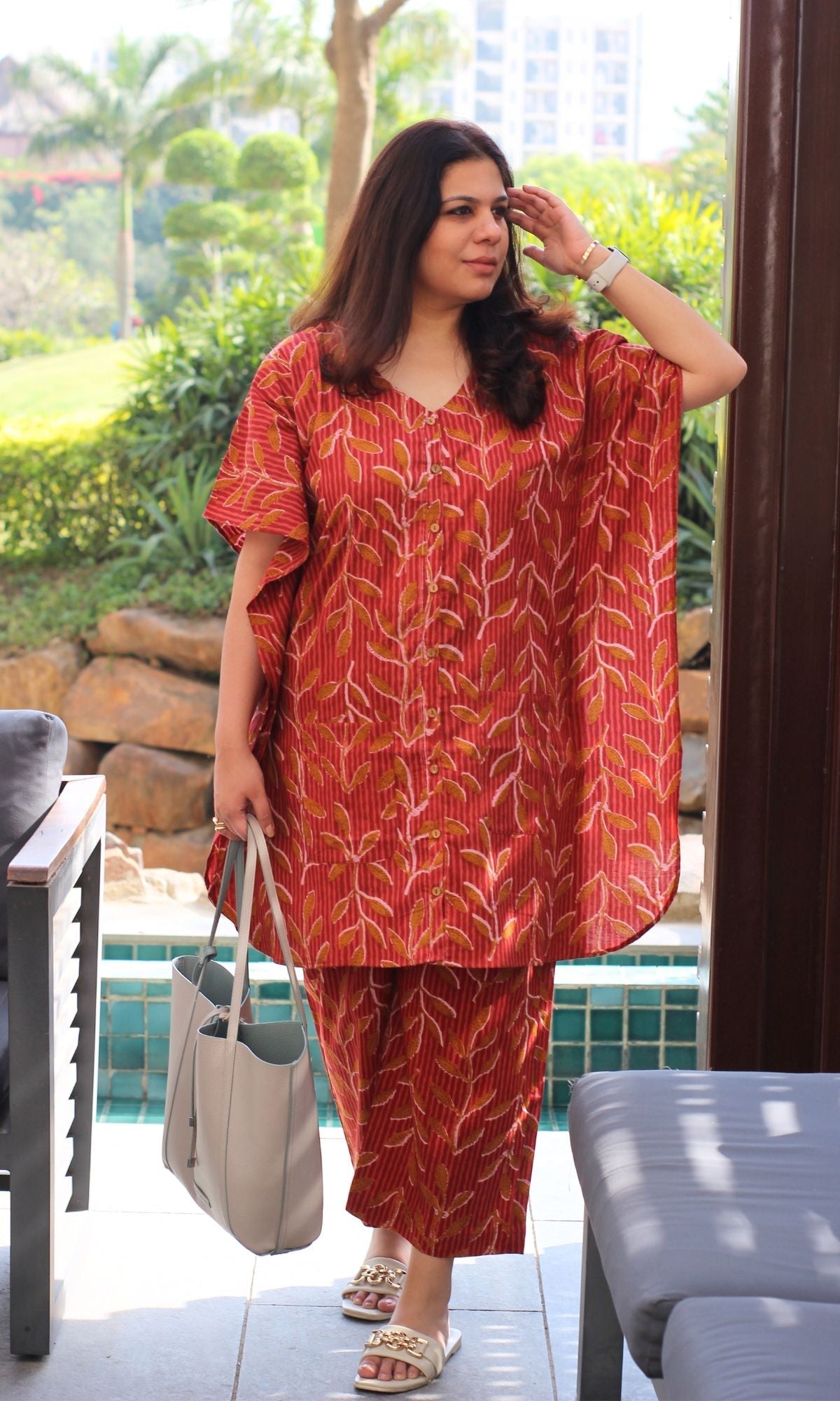 Cotton Kaftan Style Coral Red Buttoned Coord Set - Baareeki