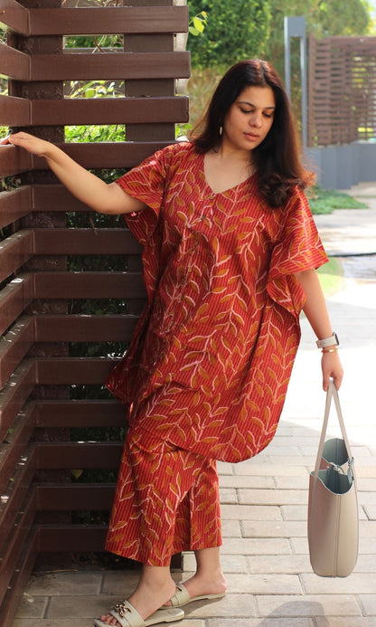 Cotton Kaftan Style Coral Red Buttoned Coord Set - Baareeki