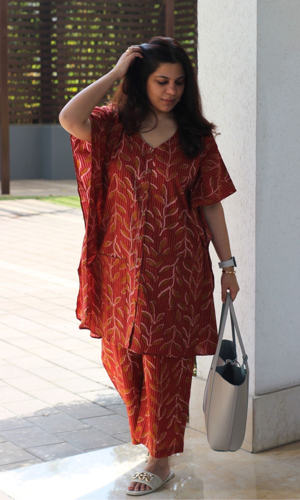 Cotton Kaftan Style Coral Red Buttoned Coord Set - Baareeki