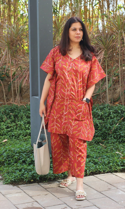 Cotton Kaftan Style Coral Red Buttoned Coord Set - Baareeki