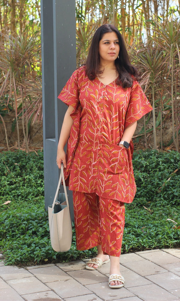 Cotton Kaftan Style Coral Red Buttoned Coord Set - Baareeki