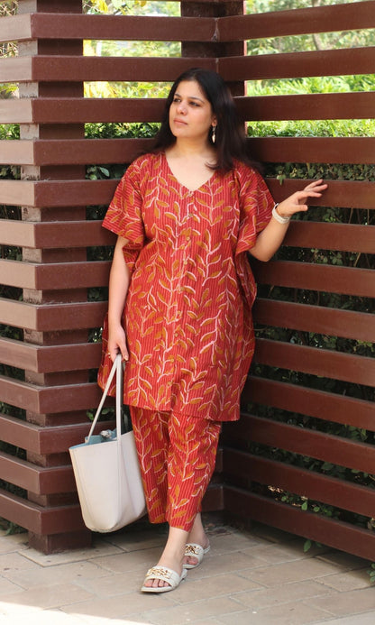 Cotton Kaftan Style Coral Red Buttoned Coord Set - Baareeki