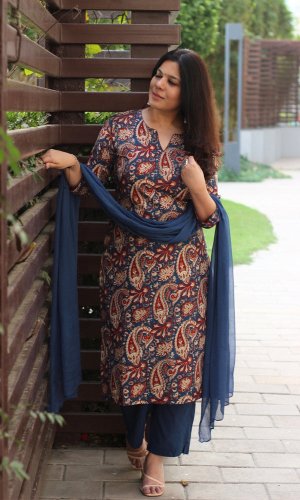 Cotton Kalamkari Print Royal Blue Suit Set with Chiffon Dupatta - Baareeki