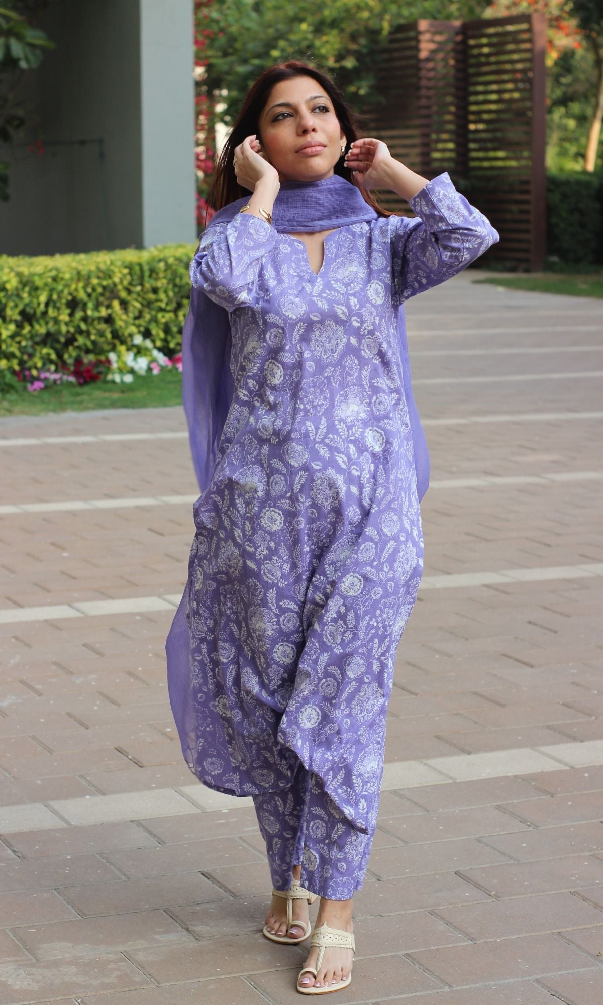 Cotton Lavender Bloom Printed Suit with Kota Doria Dupatta - Baareeki