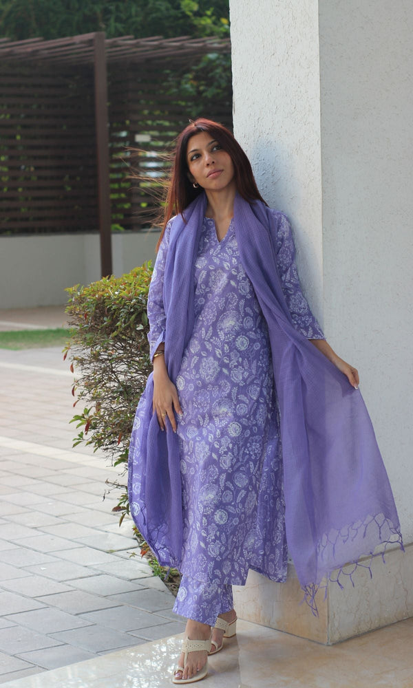 Cotton Lavender Bloom Printed Suit with Kota Doria Dupatta - Baareeki