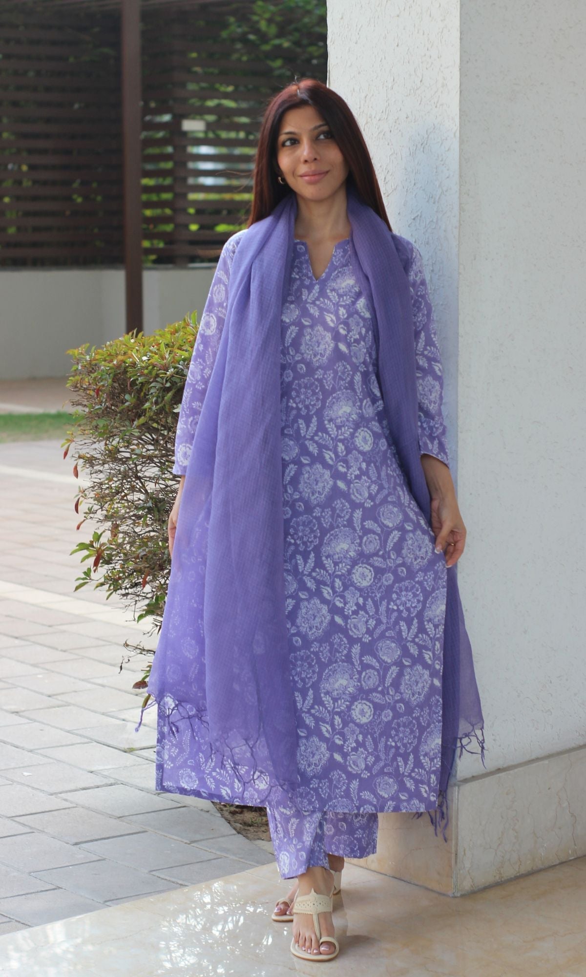 Cotton Lavender Bloom Printed Suit with Kota Doria Dupatta - Baareeki