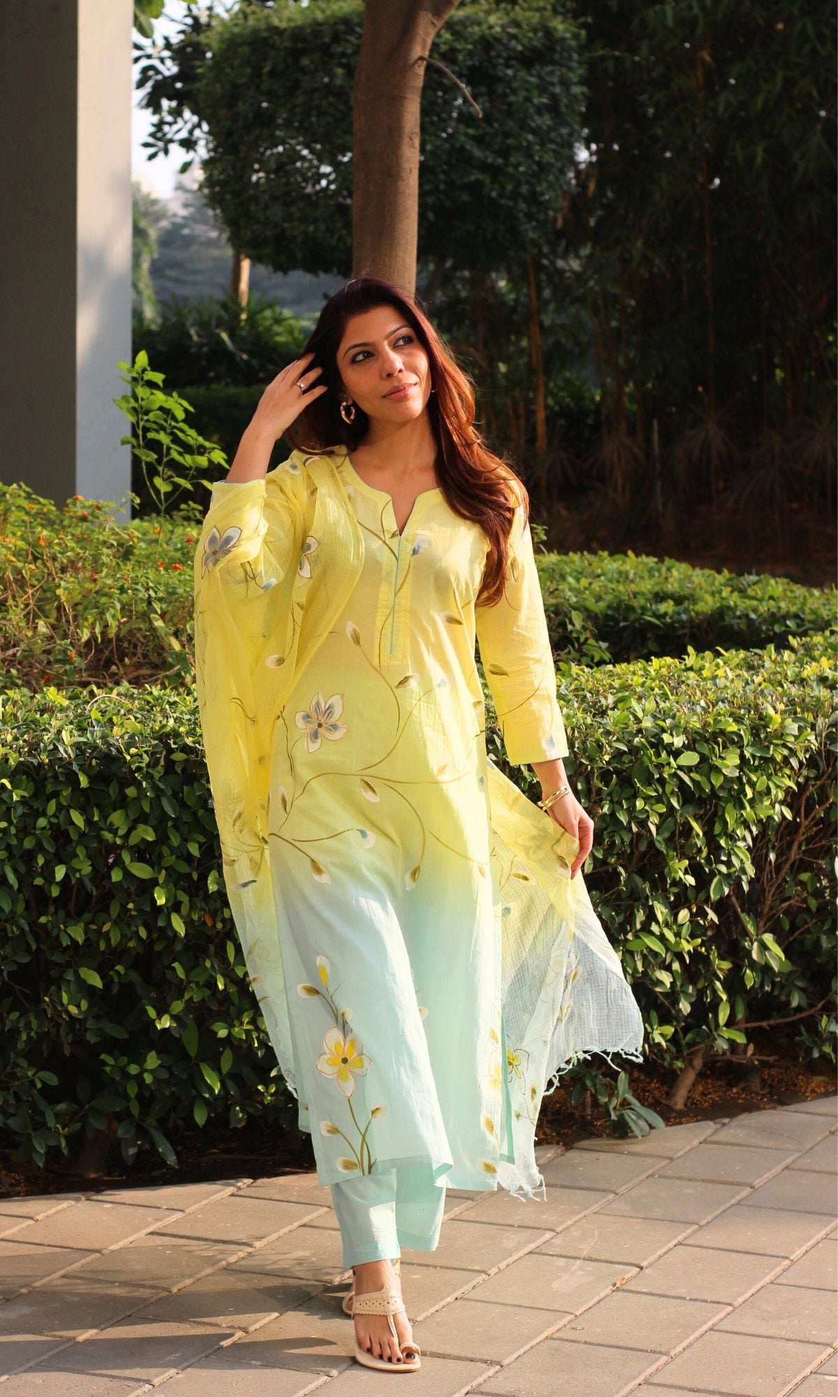 Cotton Lemon & Blue Ombré Handbrush Painted Suit with Chiffon Ombré Dupatta - Baareeki