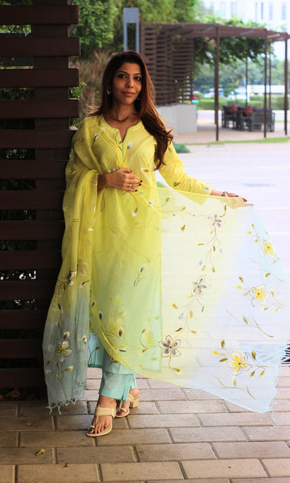 Cotton Lemon & Blue Ombré Handbrush Painted Suit with Chiffon Ombré Dupatta - Baareeki