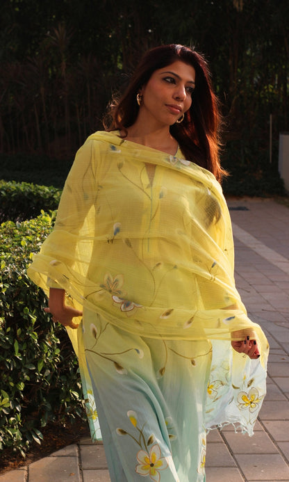 Cotton Lemon & Blue Ombré Handbrush Painted Suit with Chiffon Ombré Dupatta - Baareeki