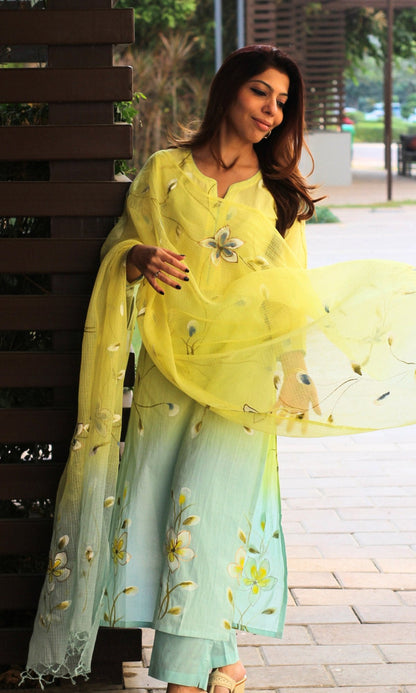 Cotton Lemon & Blue Ombré Handbrush Painted Suit with Chiffon Ombré Dupatta - Baareeki