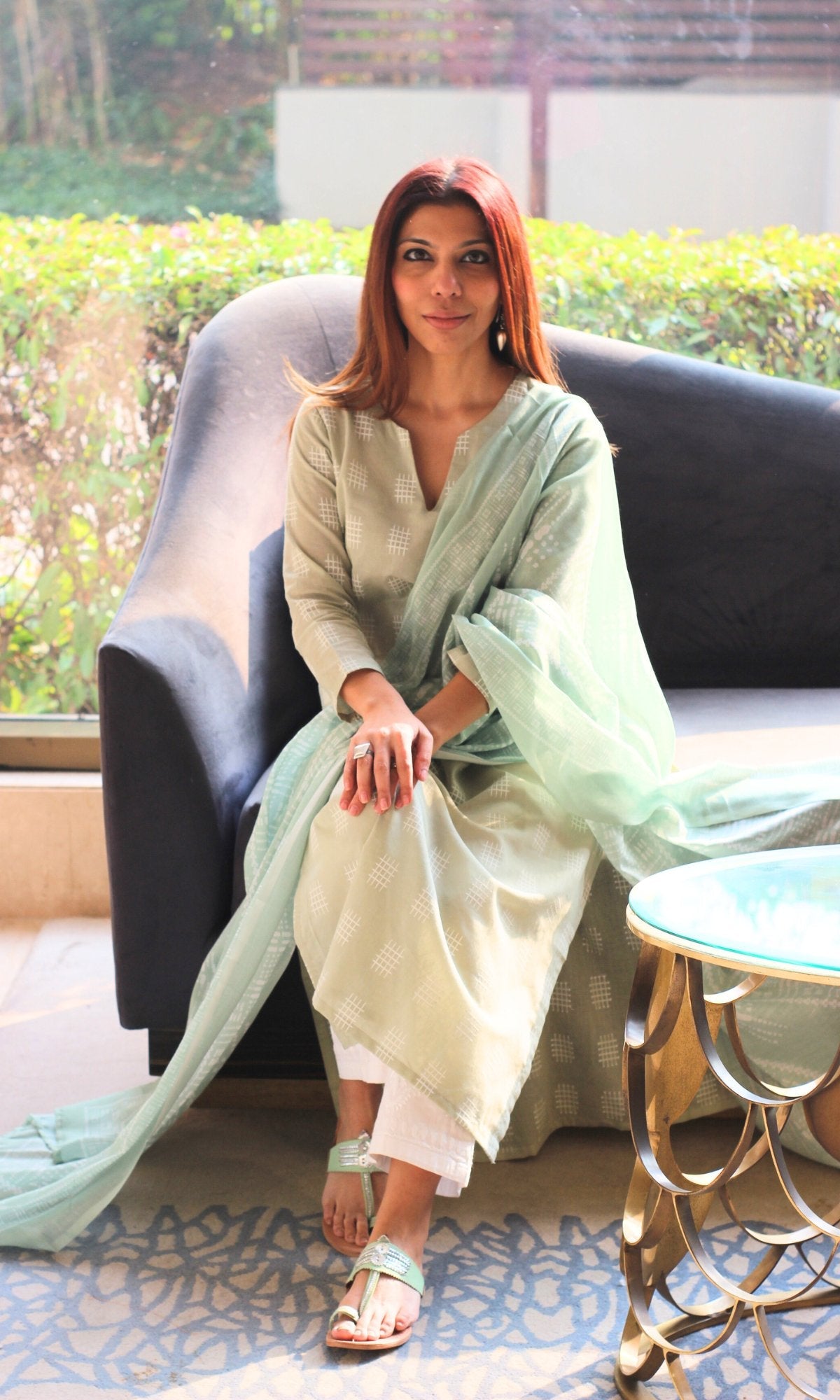 Cotton Light Khaki Weaved Kurta with Mul Printed Dupatta - Baareeki