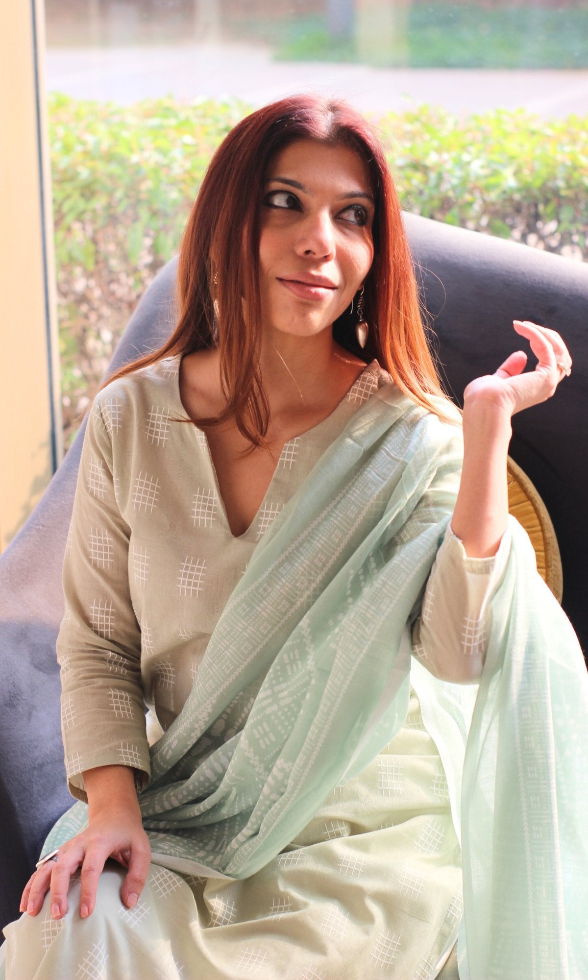 Cotton Light Khaki Weaved Kurta with Mul Printed Dupatta - Baareeki