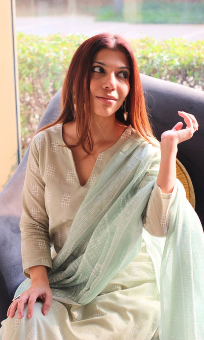 Cotton Light Khaki Weaved Kurta with Mul Printed Dupatta - Baareeki