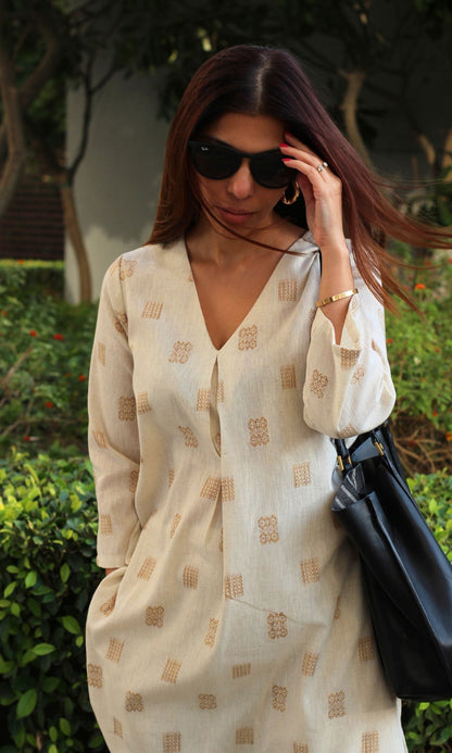 Cotton Linen Blend Beige & Brown Weaved Pleated Kurta & Pants - Baareeki
