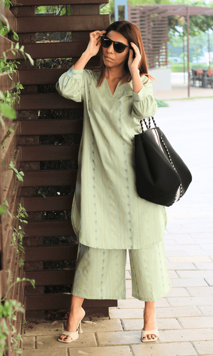 Cotton Linen Blend Green Ikkat Coord - Baareeki