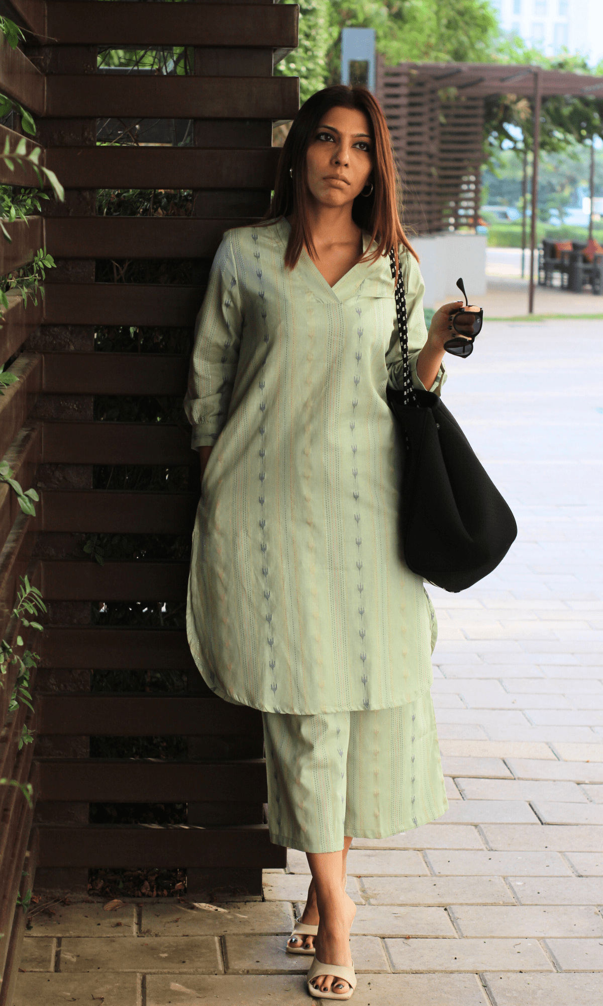 Cotton Linen Blend Green Ikkat Coord - Baareeki