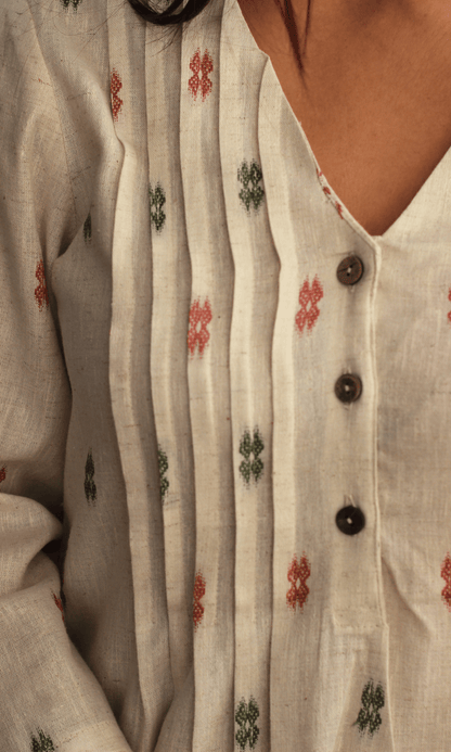 Cotton Linen Blend Off White Dobby Buttoned Kurta & Pants - Baareeki