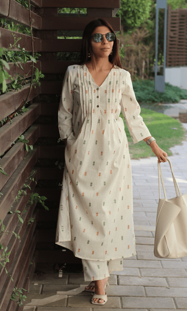 Cotton Linen Blend Off White Dobby Buttoned Kurta & Pants - Baareeki