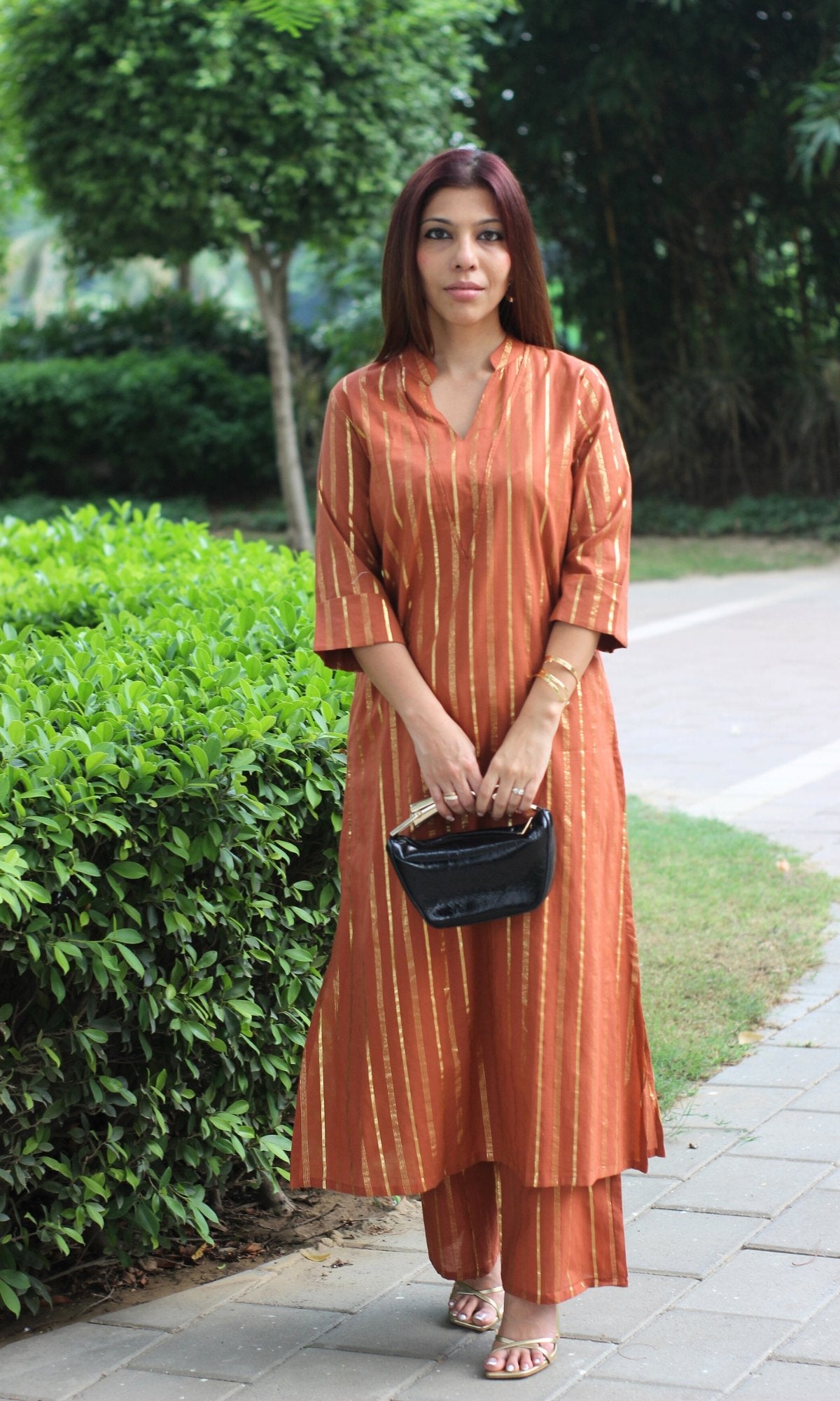 Cotton Lurex Collared Rust V - neck Coord Set - Baareeki