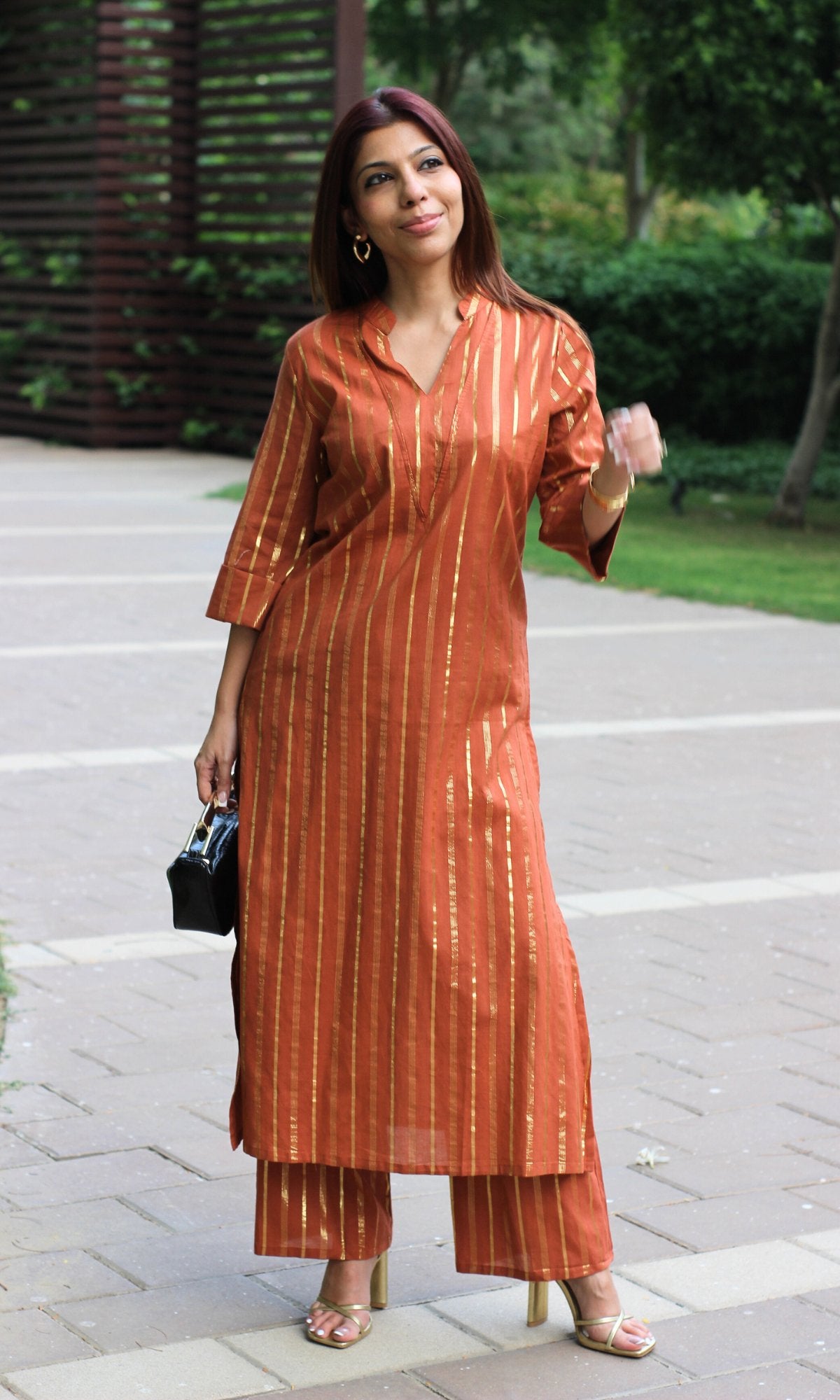 Cotton Lurex Collared Rust V - neck Coord Set - Baareeki