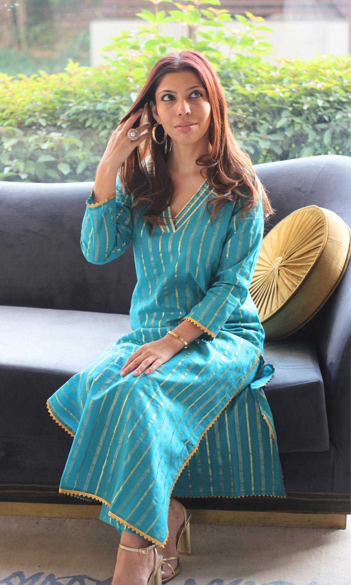 Cotton Lurex Teal & Gold Straight Kurta with Pants - Baareeki