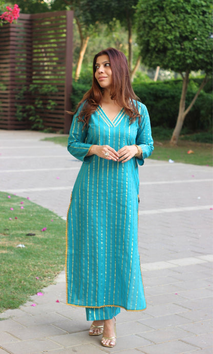 Cotton Lurex Teal & Gold Straight Kurta with Pants - Baareeki