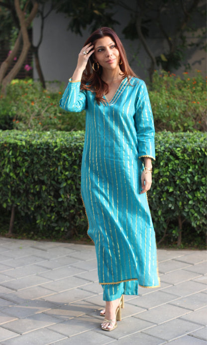 Cotton Lurex Teal & Gold Straight Kurta with Pants - Baareeki