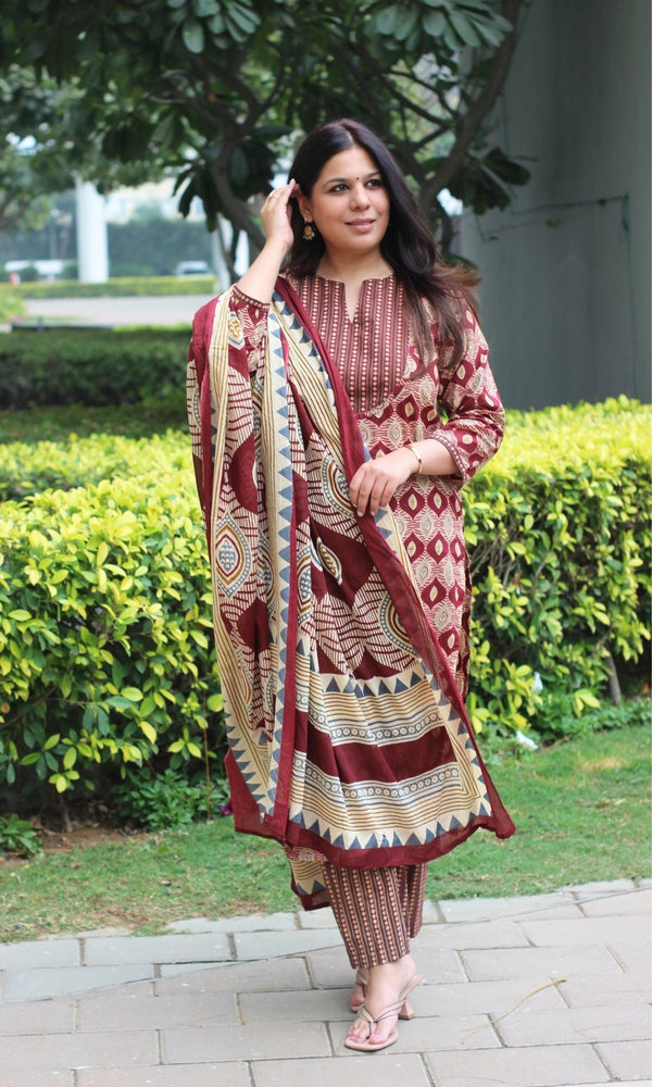 Cotton Maroon Ajrakh Print Suit with Mul Printed Dupatta - Baareeki