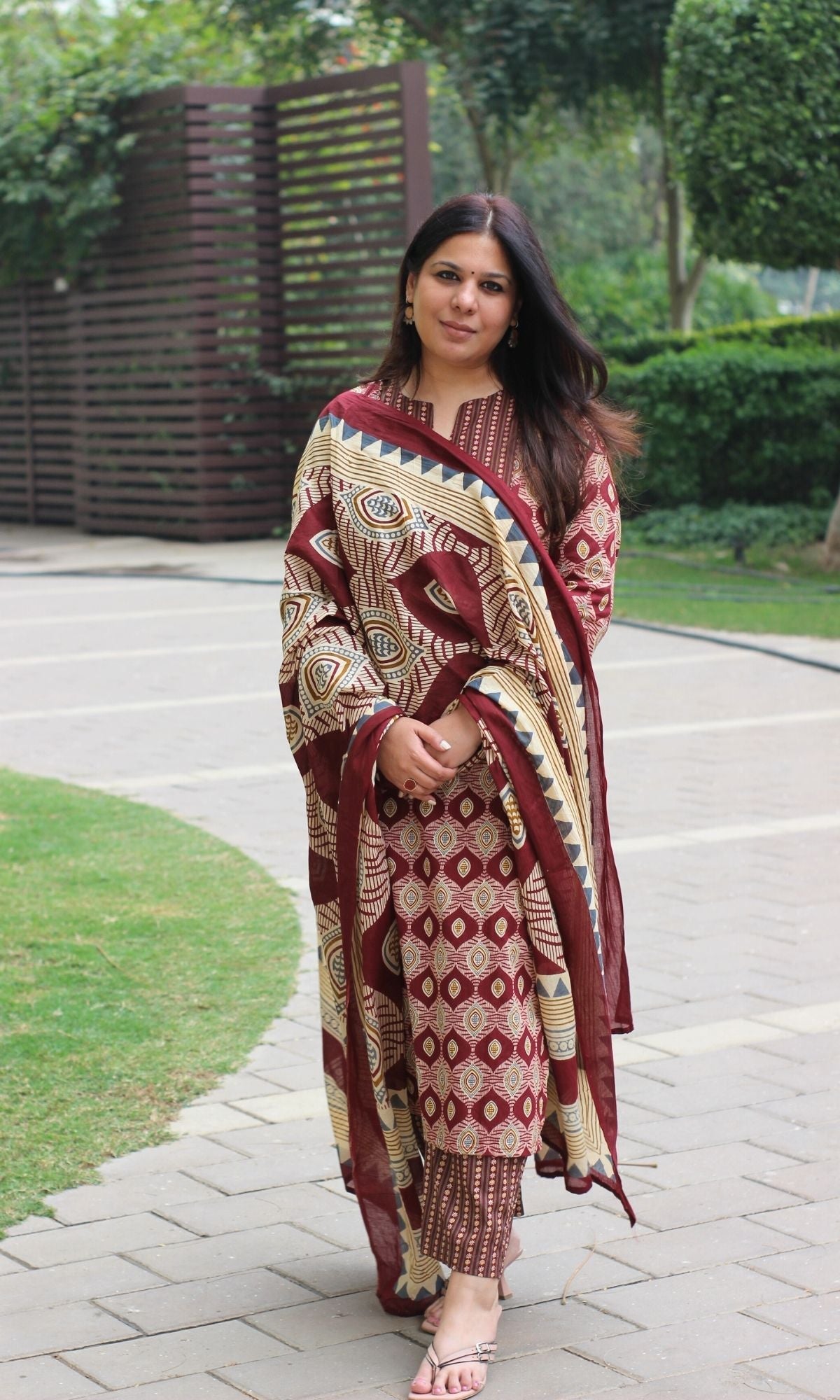 Cotton Maroon Ajrakh Print Suit with Mul Printed Dupatta - Baareeki