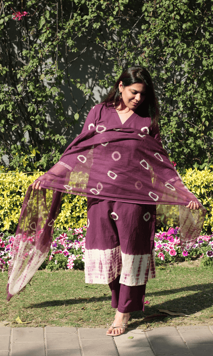 Cotton Mauve Tie & Dye Suit with Kota Doria Dupatta - Baareeki