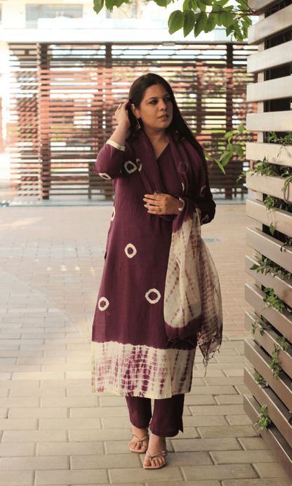 Cotton Mauve Tie & Dye Suit with Kota Doria Dupatta - Baareeki