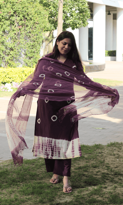 Cotton Mauve Tie & Dye Suit with Kota Doria Dupatta - Baareeki