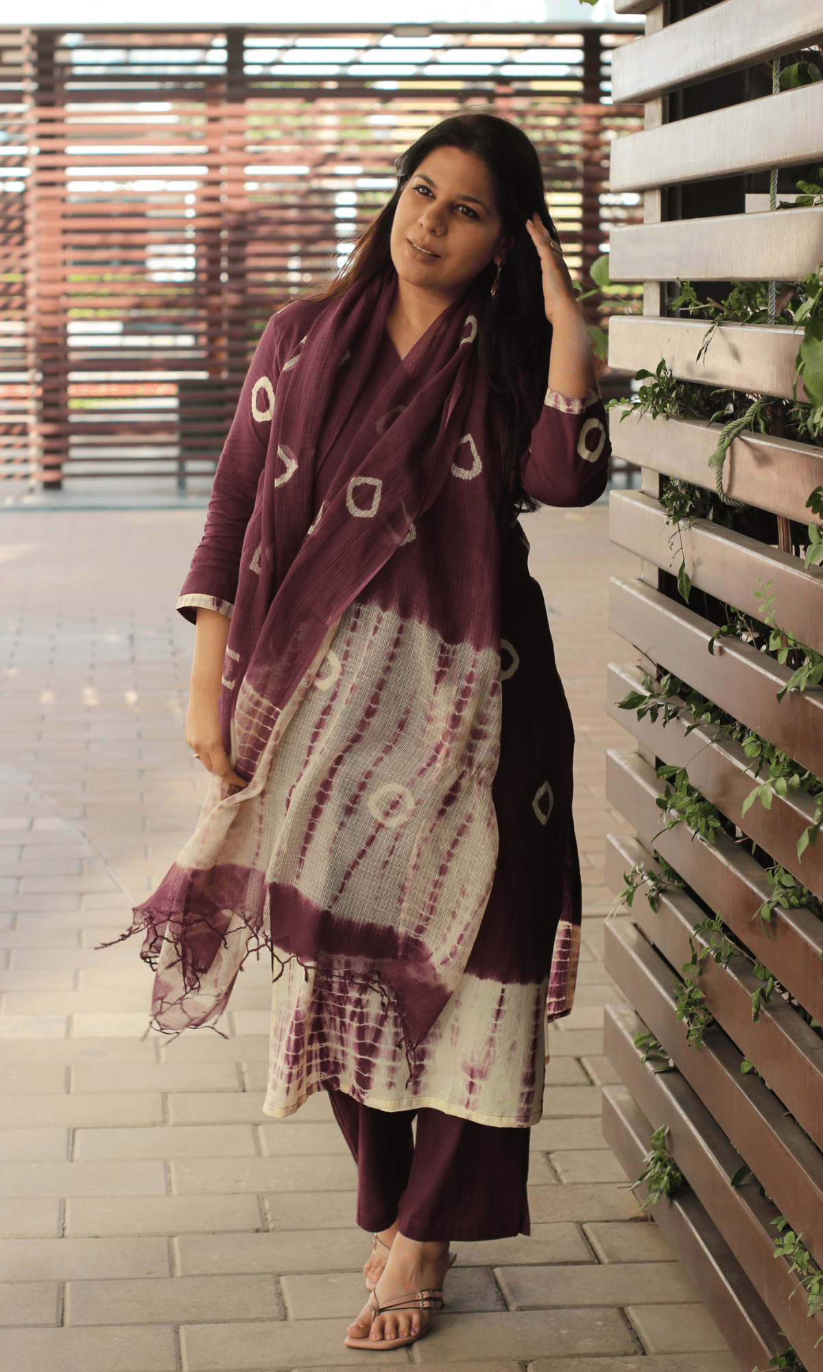 Cotton Mauve Tie & Dye Suit with Kota Doria Dupatta - Baareeki