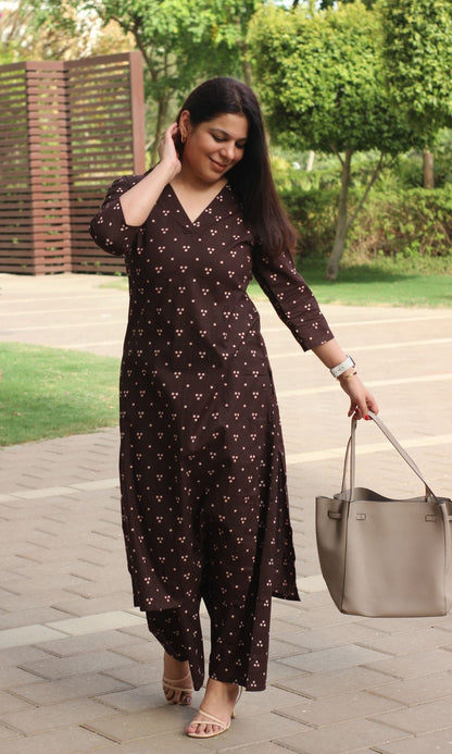 Cotton Mocha Brown A - line Kurta and Plazo Coord Set - Baareeki