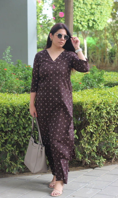 Cotton Mocha Brown A - line Kurta and Plazo Coord Set - Baareeki