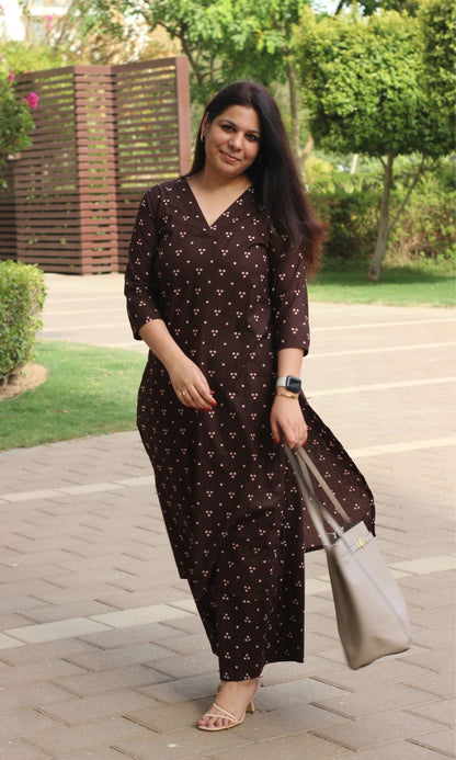 Cotton Mocha Brown A - line Kurta and Plazo Coord Set - Baareeki