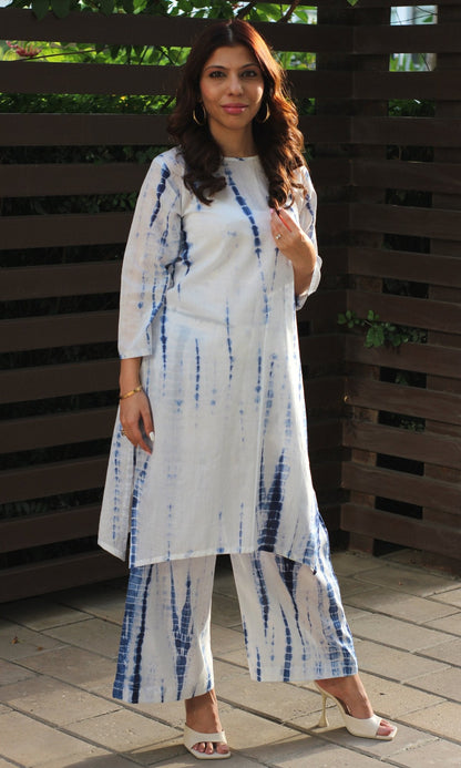 Cotton Mul Tie and Dye White and Blue Coord Set - Baareeki