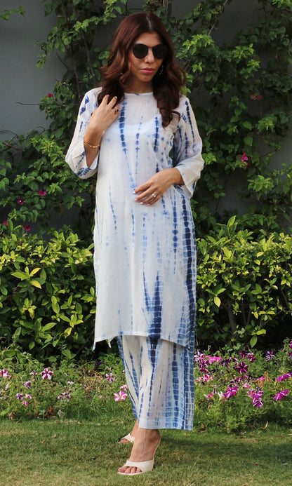 Cotton Mul Tie and Dye White and Blue Coord Set - Baareeki