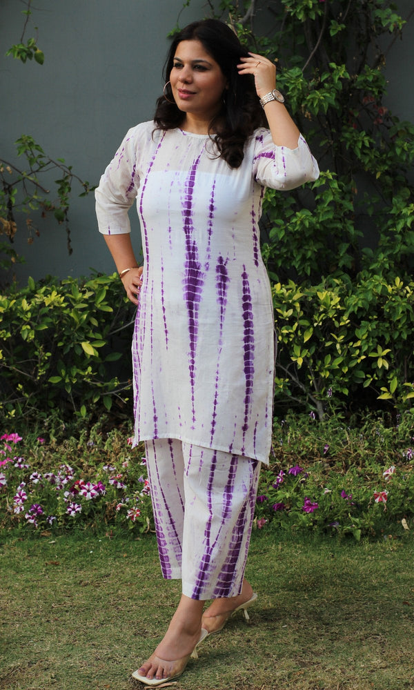 Cotton Mul Tie and Dye White and Purple Coord Set - Baareeki