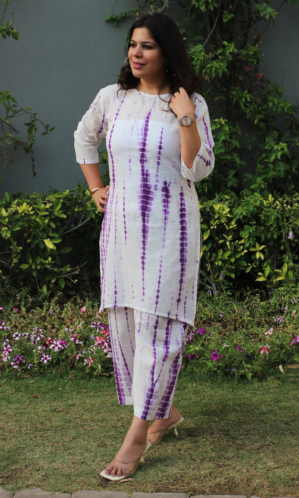 Cotton Mul Tie and Dye White and Purple Coord Set - Baareeki