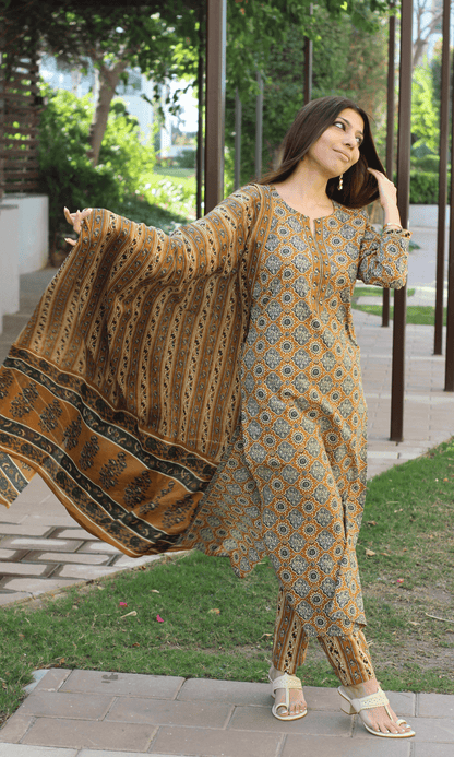 Cotton Mustard & Green Ajrakh Print Suit with Cotton Printed Dupatta - Baareeki