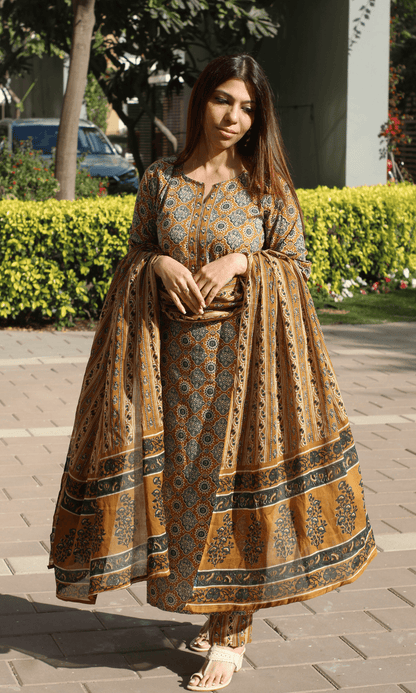 Cotton Mustard & Green Ajrakh Print Suit with Cotton Printed Dupatta - Baareeki